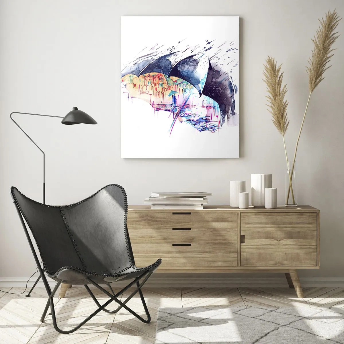 Obraz na szkle - Kolorowe miasto ukryte pod abstrakcyjnymi parasolami - 80x120cm - Spacer w deszczu - Nowoczesna dekoracja ścienna do salonu i sypialni ARTTOR