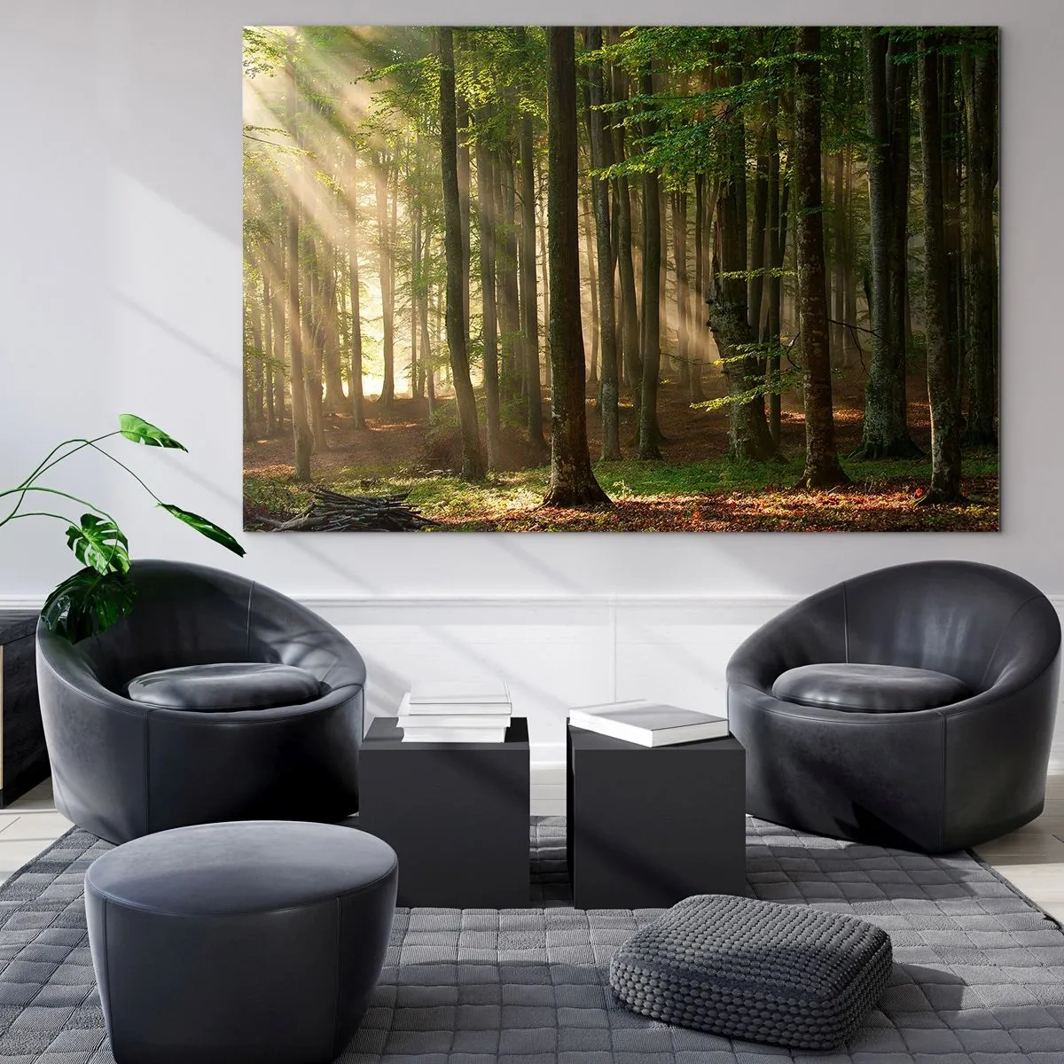 Obraz na szkle - Promienie słońca przebijające się przez drzewa w lesie - 120x80cm - Rozpromieniony w wiosenny poranek - Nowoczesna dekoracja ścienna do salonu, kuchni i sypialni ARTTOR