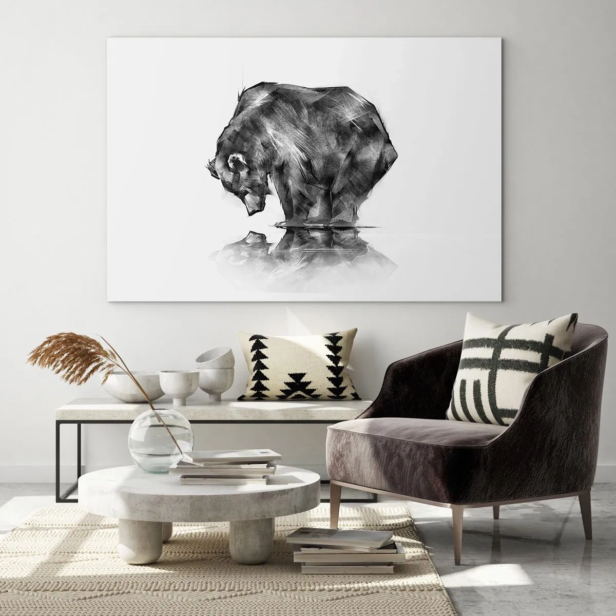 Obraz na szkle - Grafika niedźwiedzia pochylającego się nad taflą wody - 70x50cm - Miło zobaczyć się z kimś bliskim - Nowoczesna dekoracja ścienna do salonu i sypialni ARTTOR