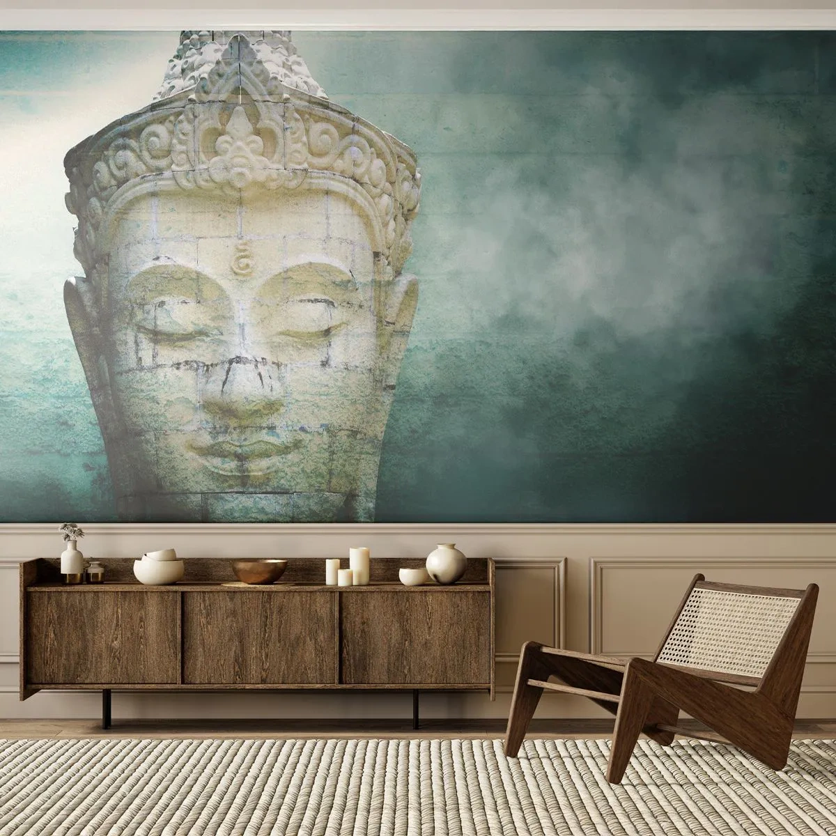 Fototapeta Premium Sand - Kamienna rzeźba medytującego Buddy - 100x70cm - Poszukując światła - Nowoczesna dekoracja ścienna do salonu, kuchni i sypialni ARTTOR