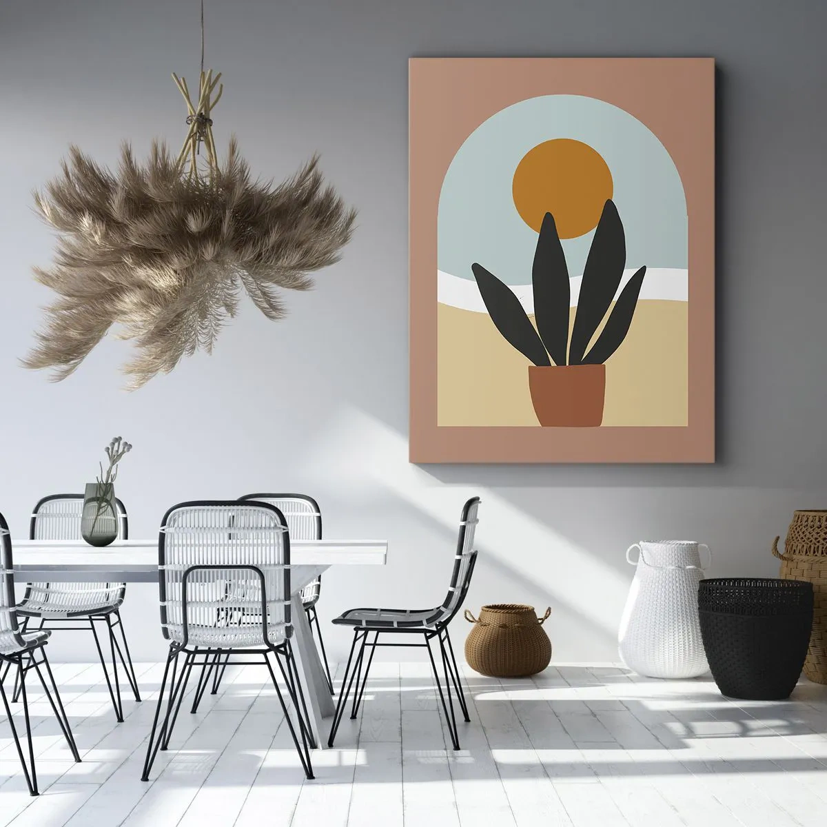 Obraz na płótnie - Minimalistyczna grafika doniczkowej rośliny na tle łuku z słońcem - 50x70cm - Drobne radości - Nowoczesna dekoracja ścienna do salonu, kuchni i sypialni ARTTOR