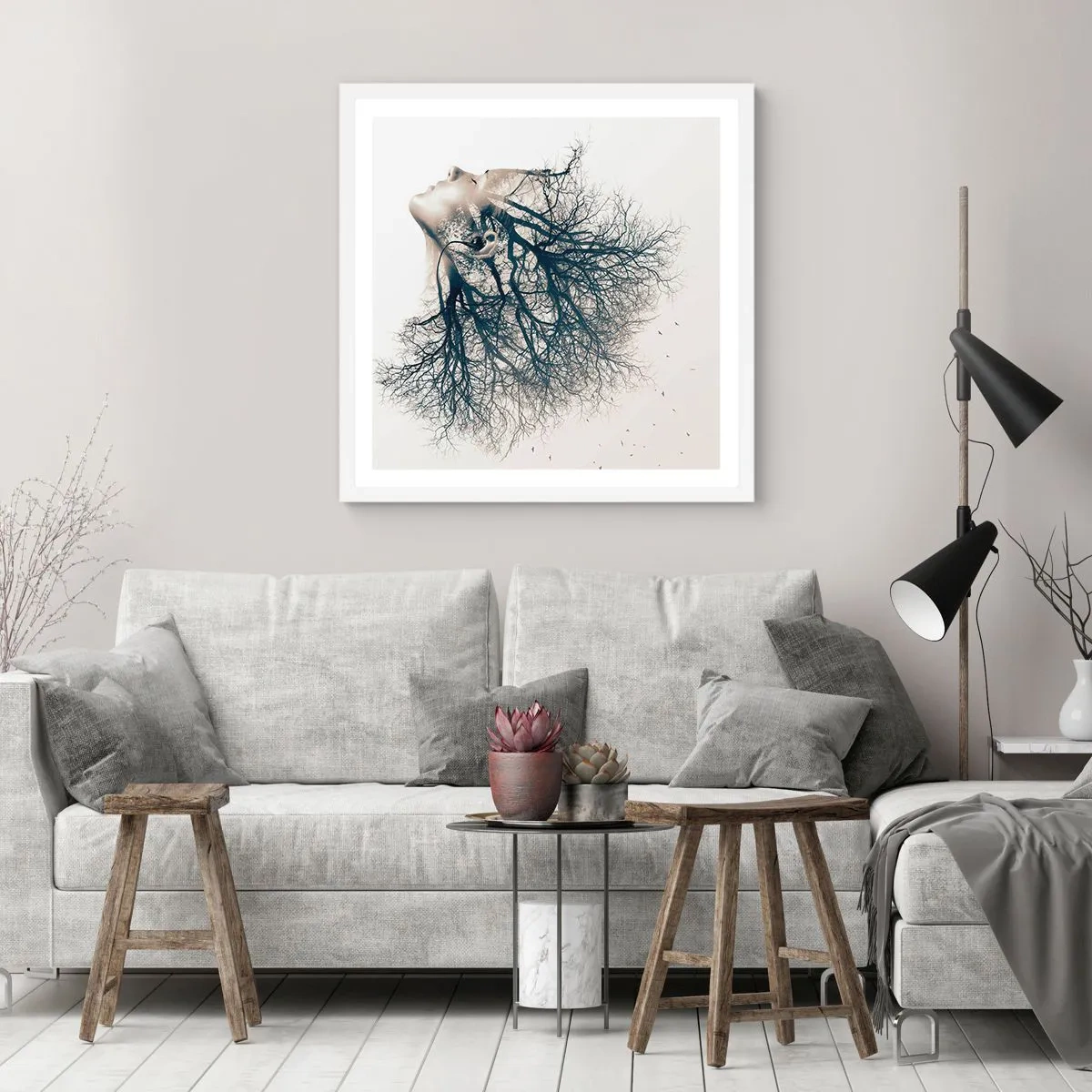 Plakat w białej ramie - Zasłuchana w szept drzewa - 50x50 cm