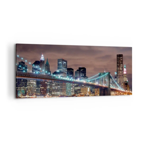 Obraz na płótnie - Most podświetlony nocą na tle nowoczesnej panoramy miasta - 120x50cm - Światła wielkiego miasta - Nowoczesna dekoracja ścienna do salonu i sypialni ARTTOR