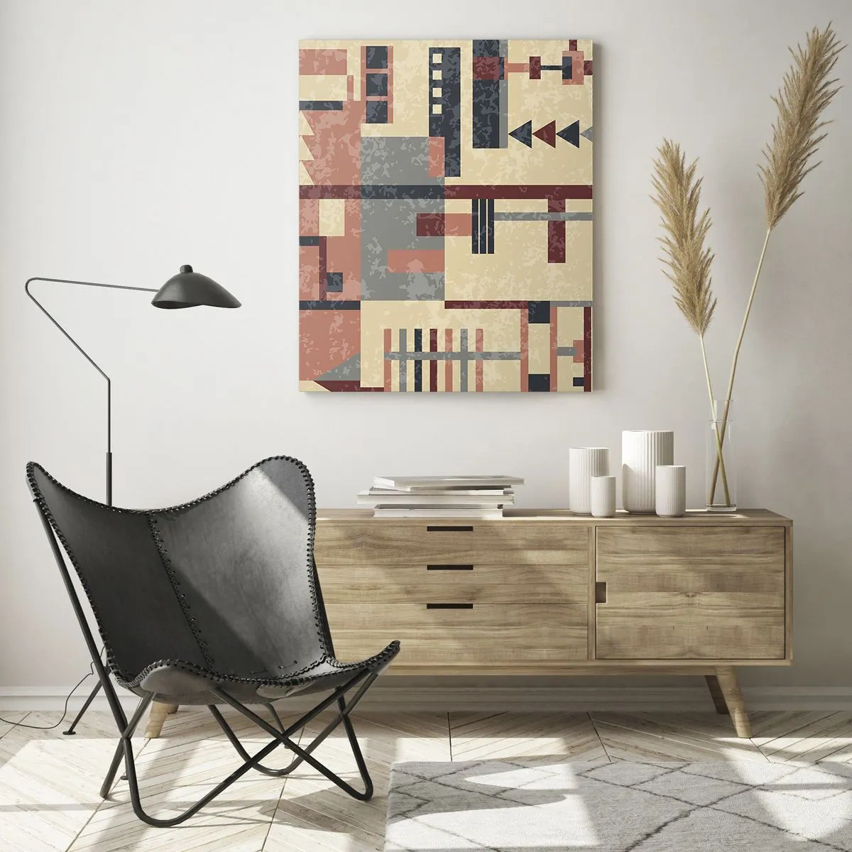 Obraz na szkle - Geometryczny wzór w pastelowych odcieniach beżu, czerwieni i szarości - 80x120cm - Kombinacja pionów i poziomów - Nowoczesna dekoracja ścienna do salonu i sypialni ARTTOR