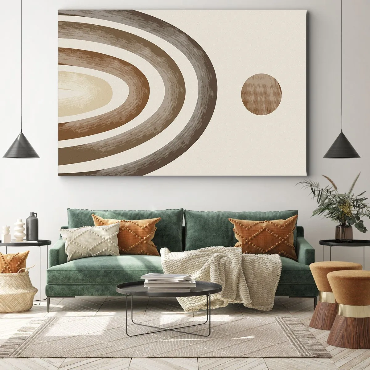 Obraz na płótnie - Geometryczny motyw planetarny w odcieniach brązu - 70x50cm - W odległej galaktyce - Nowoczesna dekoracja ścienna do salonu i sypialni ARTTOR