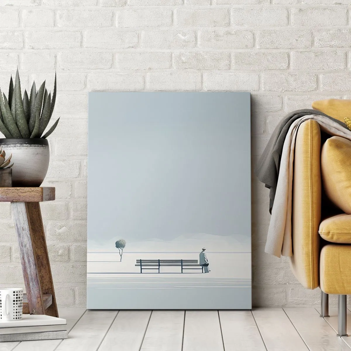 Obraz na płótnie - Minimalistyczna scena z samotną postacią na ławce - 50x70cm - Tak, czekam. - Nowoczesna dekoracja ścienna do salonu, kuchni i sypialni ARTTOR