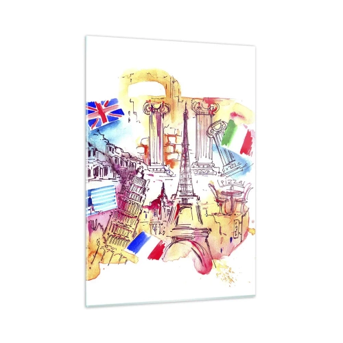 Obraz na szkle - Akwarela zabytków Europy z flagami krajów - 50x70cm - Europejskie tourne - Nowoczesna dekoracja ścienna do salonu, kuchni i sypialni ARTTOR