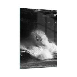 Obraz na szkle - Surfer na fali w monochromatycznym ujęciu - 80x120cm - Wyzwanie przyjęte! - Nowoczesna dekoracja ścienna do salonu i sypialni ARTTOR