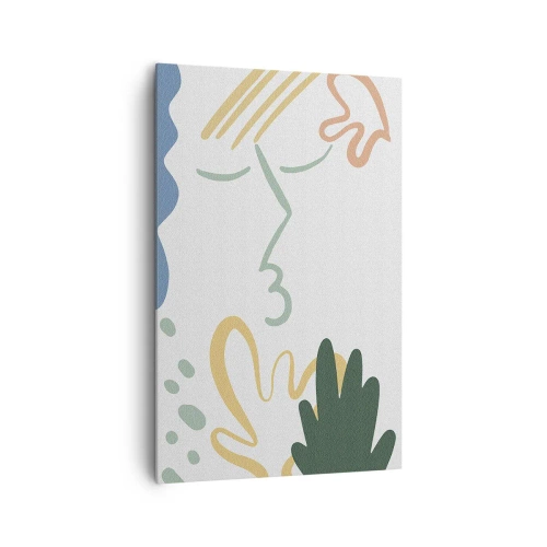 Obraz na płótnie - Kolorowa abstrakcyjna twarz otoczona roślinnymi motywami - 80x120cm - Pocałunek kwiatów - Nowoczesna dekoracja ścienna do salonu i sypialni ARTTOR