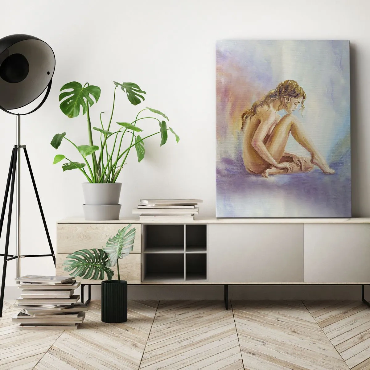 Obraz na płótnie - Delikatna postać kobiety na pastelowym tle - 70x100cm - Akt młodości - Nowoczesna dekoracja ścienna do salonu i sypialni ARTTOR