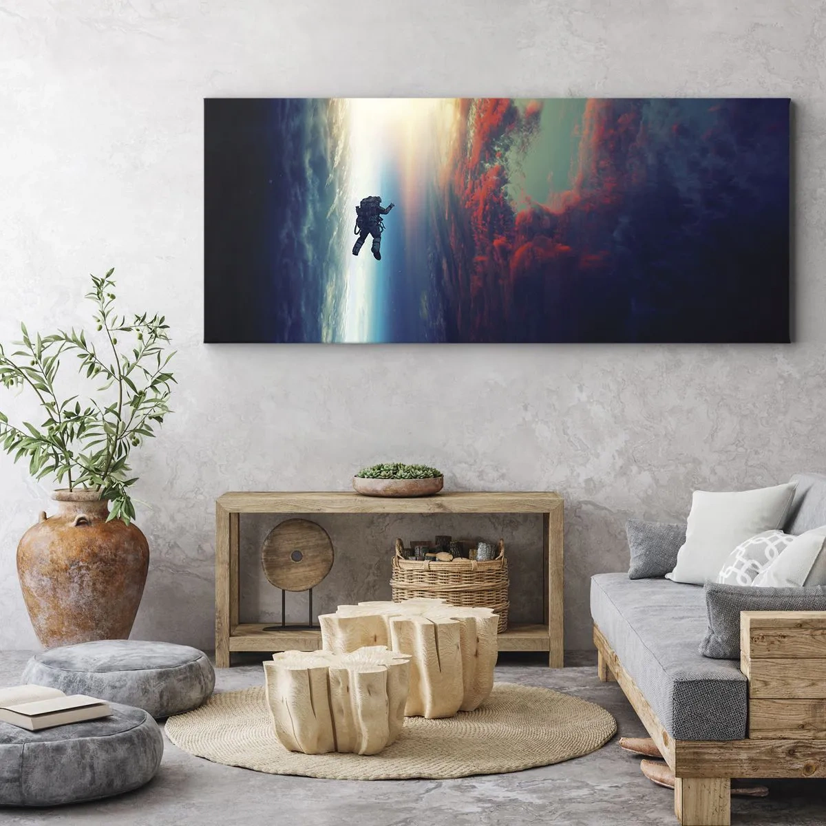 Obraz na płótnie - Astronauta unoszący się w kosmosie nad kolorową Ziemią - 160x50cm - Mierzyć się ze wszechświatem - Nowoczesna dekoracja ścienna do salonu i sypialni ARTTOR
