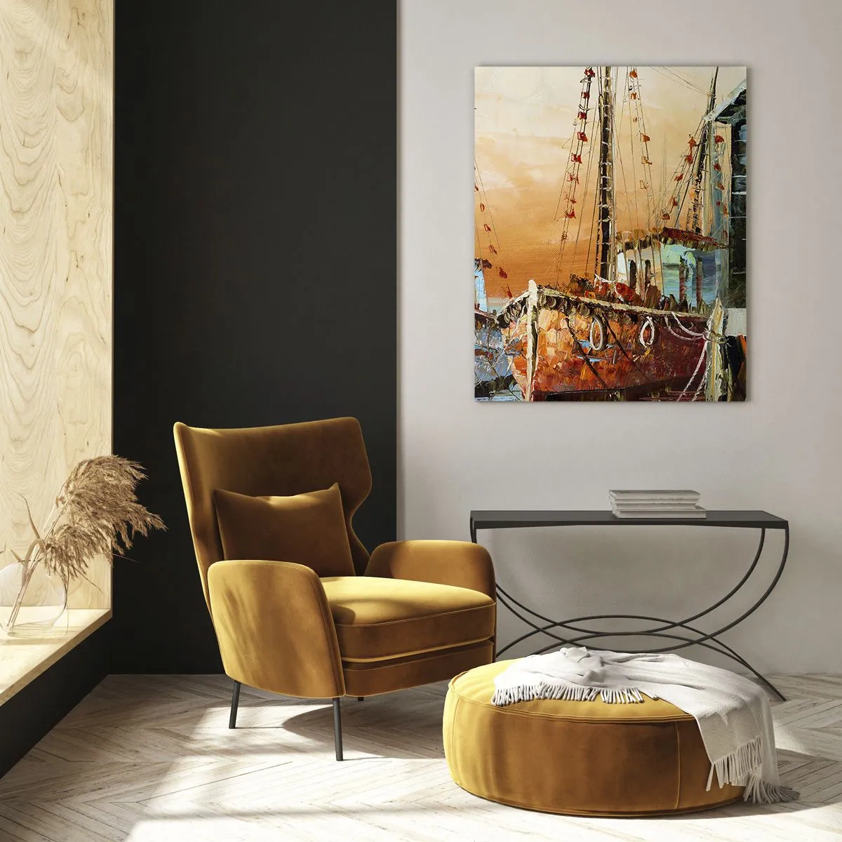 Obraz na szkle - Kolorowe łodzie przy przystani - 50x70cm - Spokojny powrót - Nowoczesna dekoracja ścienna do salonu, kuchni i sypialni ARTTOR