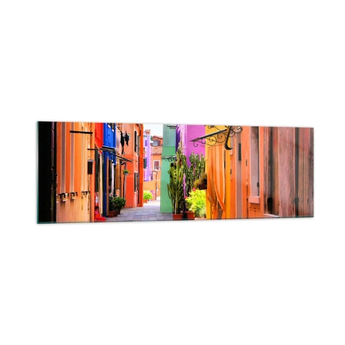 Obraz na szkle - Kolorowa uliczka z kamienicami w jasnych odcieniach - 160x50cm - Tęczowy zaułek - Nowoczesna dekoracja ścienna do salonu i sypialni ARTTOR