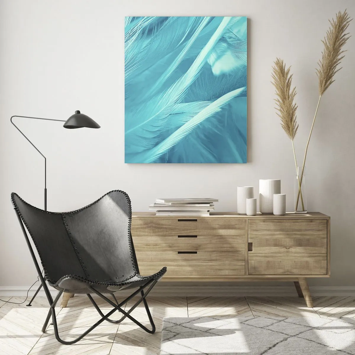 Obraz na szkle - Turkusowe pióra w delikatnym zbliżeniu - 50x70cm - Utonąć w puchu - Nowoczesna dekoracja ścienna do salonu, kuchni i sypialni ARTTOR