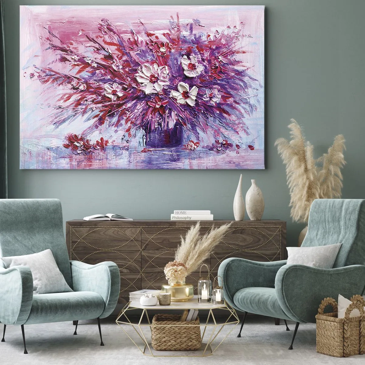 Obraz na płótnie - Kolorowy bukiet kwiatów w różowych i fioletowych tonacjach - 70x50cm - Niewinność i namiętność - Nowoczesna dekoracja ścienna do salonu i sypialni ARTTOR