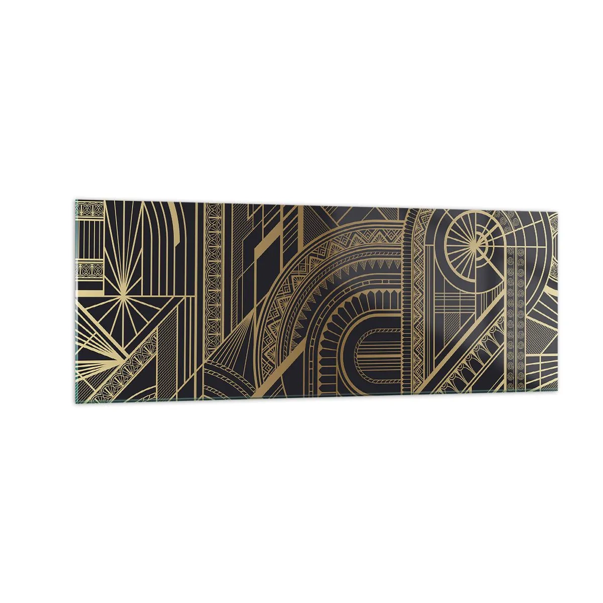 Obraz na szkle - Złote geometryczne wzory na czarnym tle w stylu art deco - 140x50cm - Koncepty, idee, plany - Nowoczesna dekoracja ścienna do salonu i sypialni ARTTOR