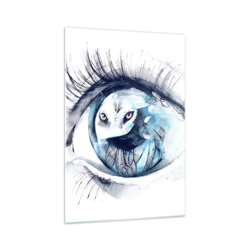 Obraz na szkle - Oko z wizerunkiem sowy w akwarelowych odcieniach niebieskiego - 70x100cm - Oko w oko z dzikością - Nowoczesna dekoracja ścienna do salonu i sypialni ARTTOR