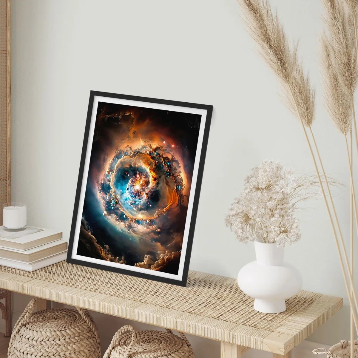 Plakat w czarnej ramie - Kosmiczna eksplozja światła i energii w galaktycznej przestrzeni - 50x70cm - Początek - Nowoczesna dekoracja ścienna do salonu i sypialni ARTTOR