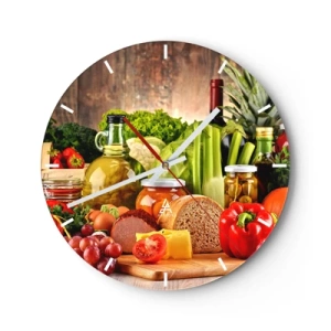Zegar ścienny - Różnorodne produkty spożywcze na drewnianym tle - 30x30cm - Wędzone, pieczone, marynowane - Nowoczesna dekoracja ścienna do salonu, kuchni i sypialni ARTTOR