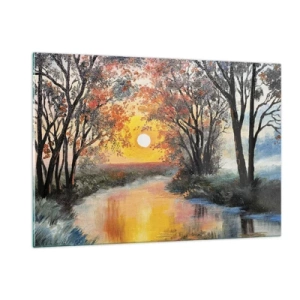 Obraz na szkle - Zachód słońca nad rzeką wśród drzew - 120x80cm - Jesienne klimaty - Nowoczesna dekoracja ścienna do salonu, kuchni i sypialni ARTTOR