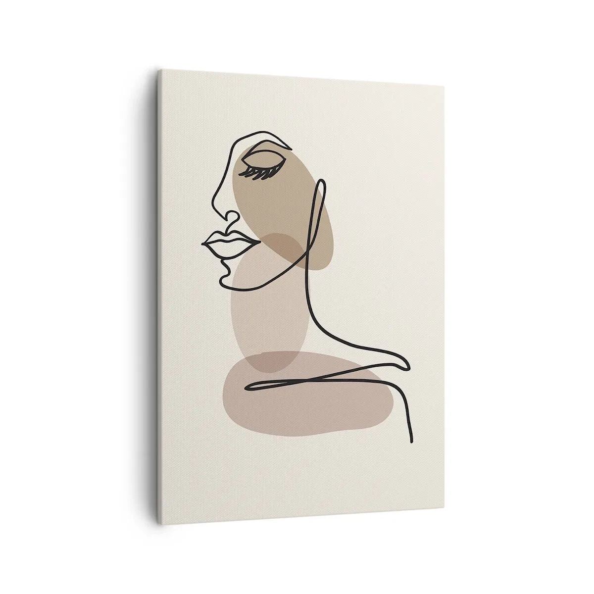 Obraz na płótnie - Minimalistyczna linia tworząca profil kobiety na beżowym tle - 50x70cm - Zasłuchana w siebie - Nowoczesna dekoracja ścienna do salonu, kuchni i sypialni ARTTOR