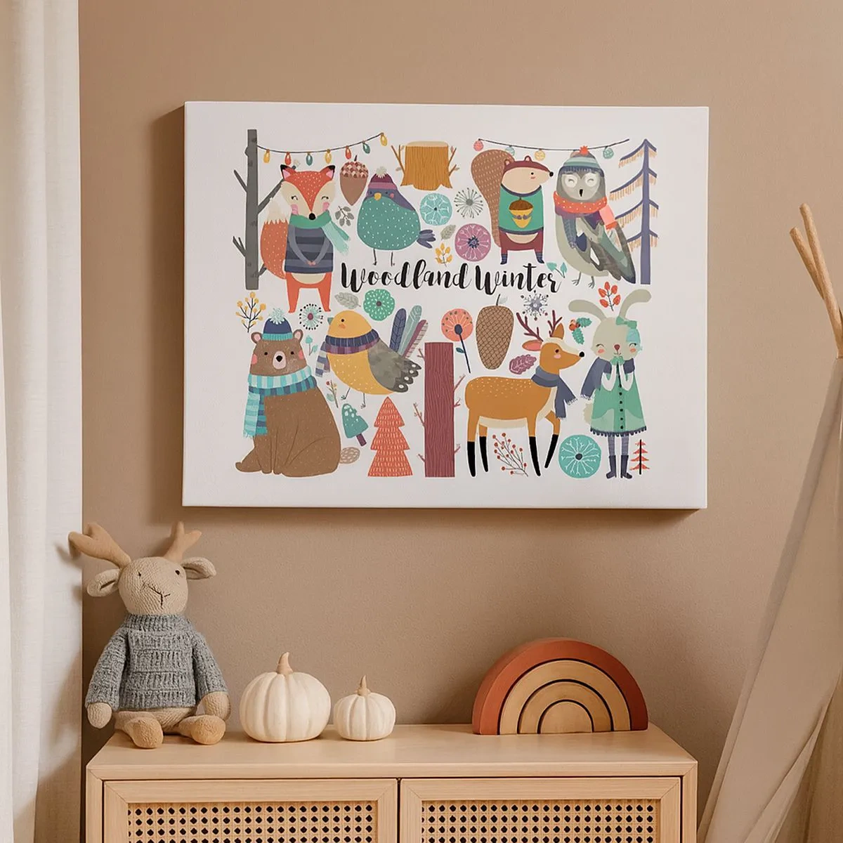 Obraz na płótnie - Zimowe leśne zwierzęta w kolorowej grafice - 70x50cm - Bajkowe święta w lesie - Nowoczesna dekoracja ścienna do salonu i sypialni ARTTOR