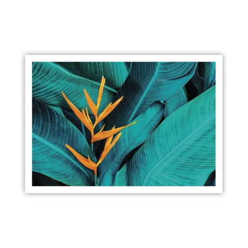 Plakat - Egzotyczny kwiat na tle liści bananowca w turkusowych odcieniach - 100x70cm - Kwiat Edenu - Nowoczesna dekoracja ścienna do salonu i sypialni ARTTOR