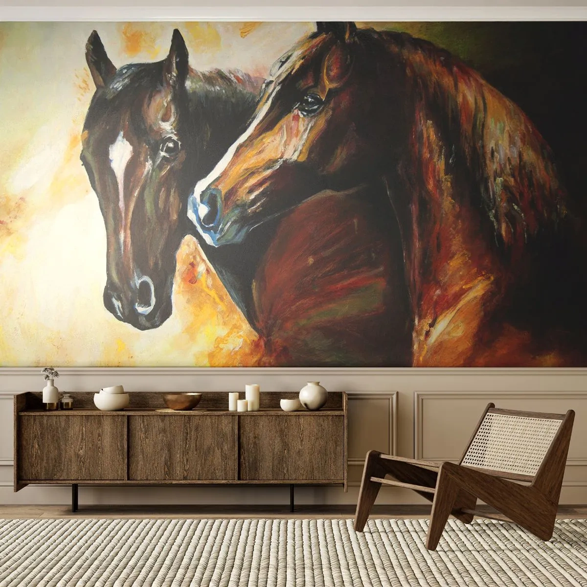 Fototapeta Premium Sand - Dwa konie w malarskiej interpretacji - 100x70cm - Dwa razy więcej wdzięku - Nowoczesna dekoracja ścienna do salonu, kuchni i sypialni ARTTOR