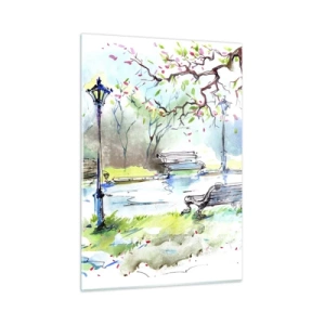 Obraz na szkle - Akwarela parkowej scenerii z ławkami i latarniami - 50x70cm - Czar parkowej ciszy - Nowoczesna dekoracja ścienna do salonu, kuchni i sypialni ARTTOR