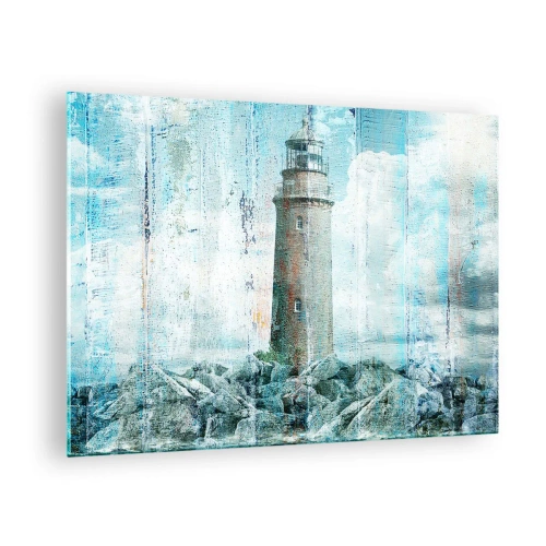Obraz na szkle - Latarnia morska na tle chmur w stylu vintage - 70x50cm - Na starym drewnie - Nowoczesna dekoracja ścienna do salonu i sypialni ARTTOR