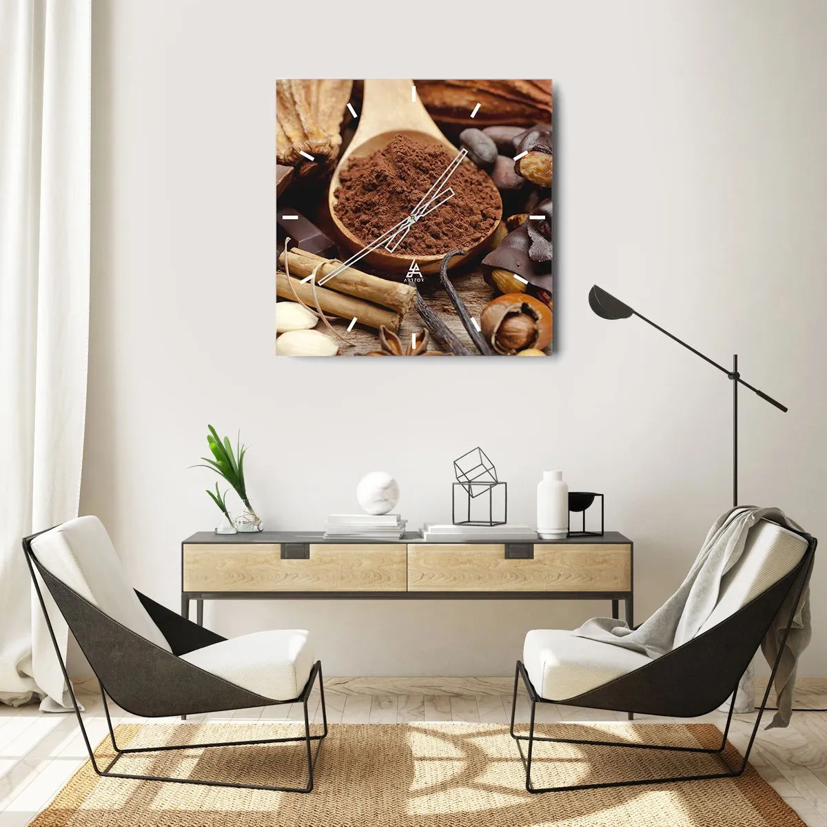 Zegar ścienny - Łyżka kakao i składniki czekoladowe w rustykalnej aranżacji - 30x30cm - Najlepsza na smutki - Nowoczesna dekoracja ścienna do salonu i sypialni ARTTOR