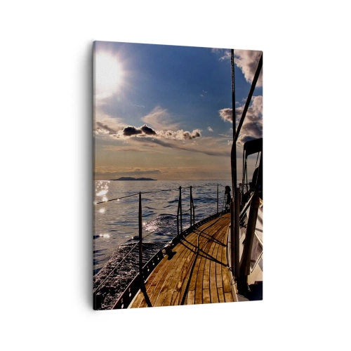 Obraz na płótnie - Żaglówka na spokojnym morzu w promieniach zachodzącego słońca - 50x70cm - Pod żaglami w stronę słońca - Nowoczesna dekoracja ścienna do salonu, kuchni i sypialni ARTTOR