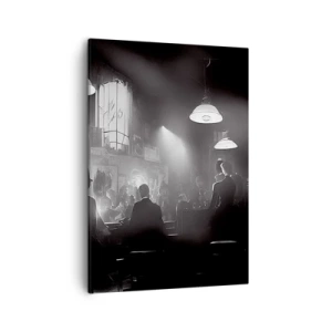 Obraz na płótnie - Czarno-biała scena jazzowa w klimatycznym barze z muzykami i publicznością - 50x70cm - W jazzowym klimacie - Nowoczesna dekoracja ścienna do salonu, kuchni i sypialni ARTTOR