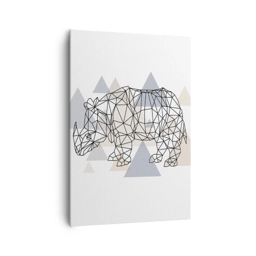 Obraz na płótnie - Geometryczny nosorożec na tle delikatnych trójkątów - 70x100cm - Struktura siły - Nowoczesna dekoracja ścienna do salonu i sypialni ARTTOR