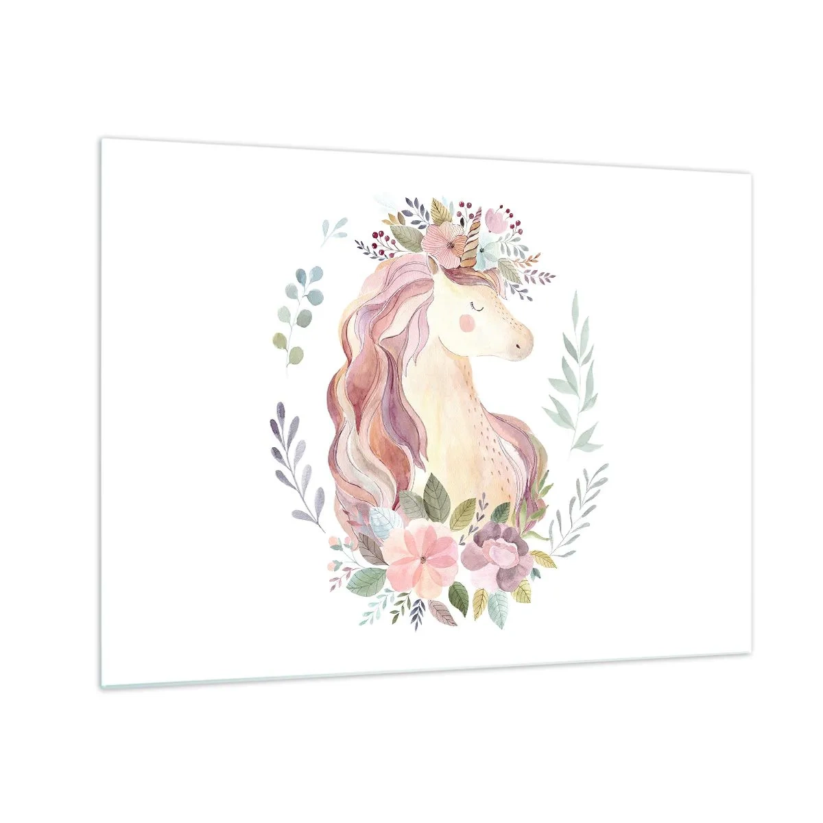 Obraz na szkle - Rysunkowy jednorożec z pastelową grzywą w kwiatach - 70x50cm - Zaproszenie do świata baśni - Nowoczesna dekoracja ścienna do salonu i sypialni ARTTOR