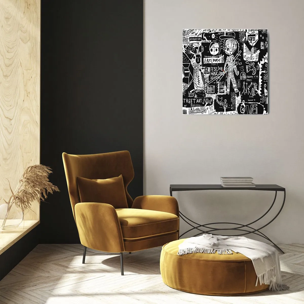 Zegar ścienny - Czarno-biały kolaż inspirowany sztuką uliczną - 30x30cm - Duchowej młodości prawa i radości - Nowoczesna dekoracja ścienna do salonu i sypialni ARTTOR