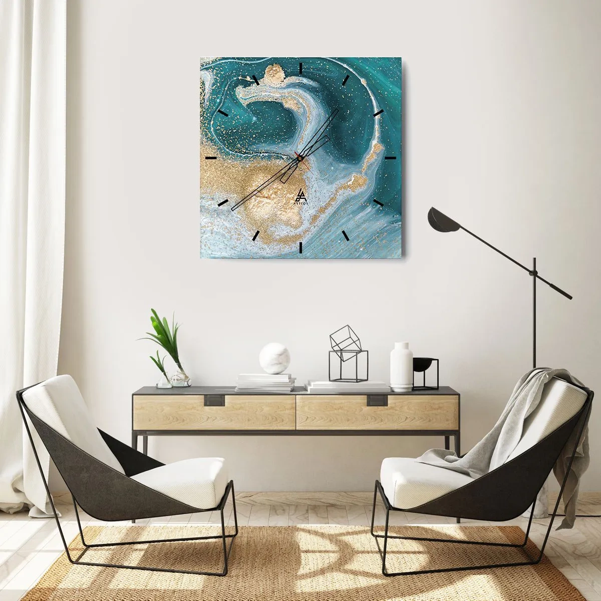Zegar ścienny - Abstrakcyjny wir w turkusowo-złotej tonacji - 30x30cm - Wir złota i turkusu - Nowoczesna dekoracja ścienna do salonu i sypialni ARTTOR