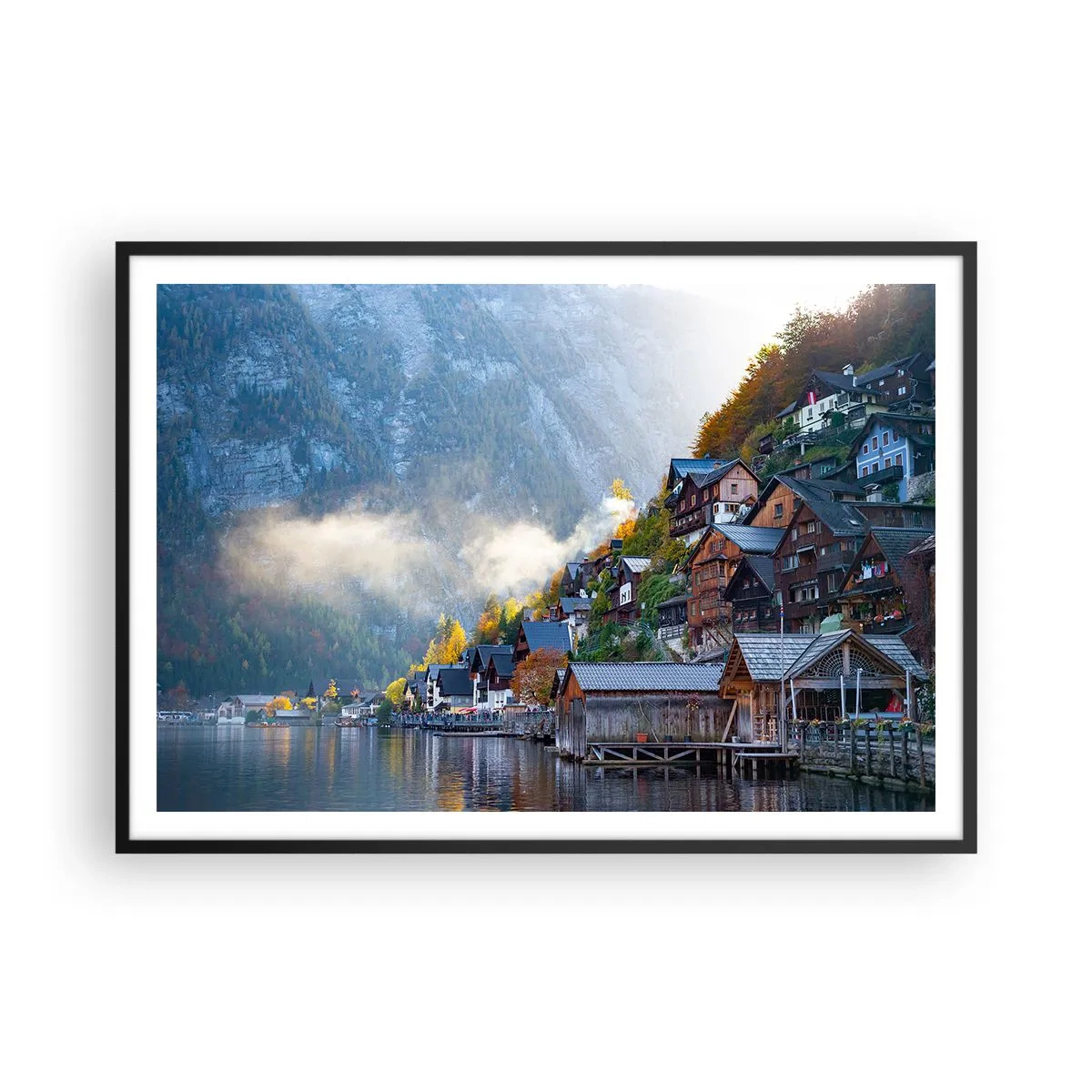 Plakat w czarnej ramie - Górska wioska nad jeziorem w jesiennej scenerii - 100x70cm - Alpejskie klimaty - Nowoczesna dekoracja ścienna do salonu i sypialni ARTTOR
