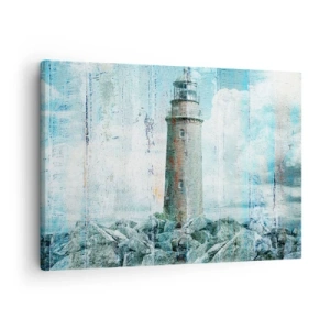 Obraz na płótnie - Latarnia morska na skalistym wybrzeżu w pastelowych barwach - 70x50cm - Na starym drewnie - Nowoczesna dekoracja ścienna do salonu i sypialni ARTTOR