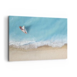 Obraz na płótnie - Łódka przy plaży w widoku z lotu ptaka - 120x80cm - Na granicy błękitu i złota - Nowoczesna dekoracja ścienna do salonu, kuchni i sypialni ARTTOR