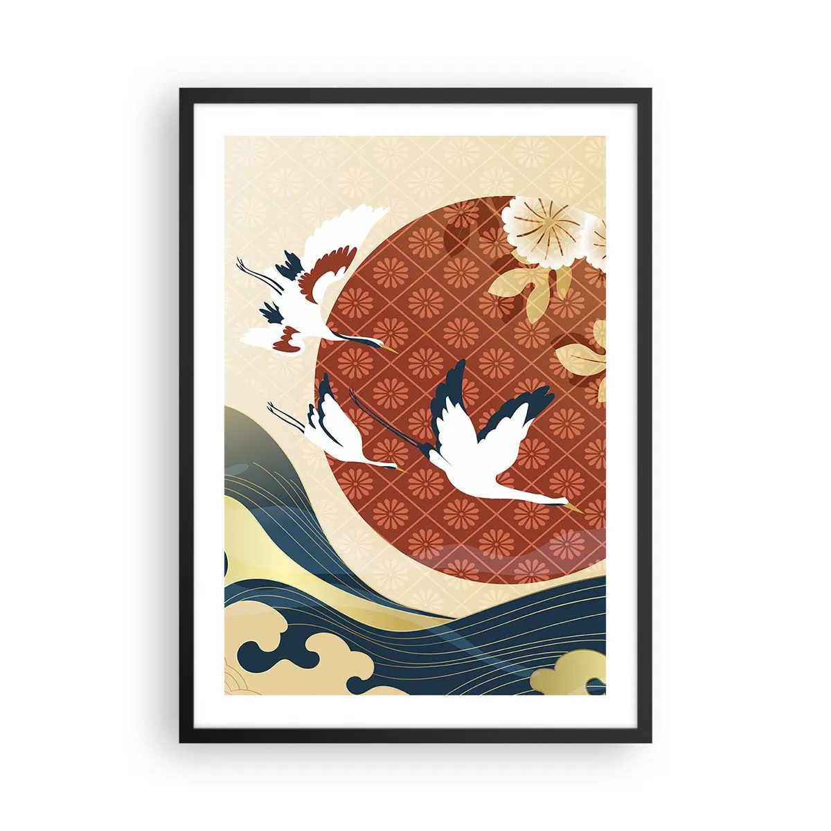 Plakat w czarnej ramie - Japońska kompozycja z żurawiami, falami i czerwonym kołem - 50x70cm - Japońska baśń - Nowoczesna dekoracja ścienna do salonu i sypialni ARTTOR