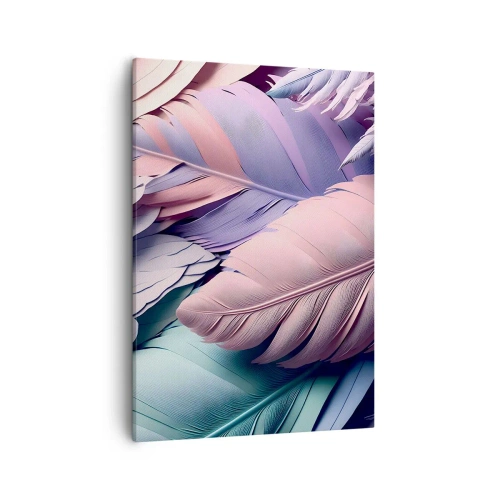 Obraz na płótnie - Delikatne pastelowe pióra w odcieniach różu, fioletu i turkusu - 50x70cm - Ptasi szyk - Nowoczesna dekoracja ścienna do salonu, kuchni i sypialni ARTTOR