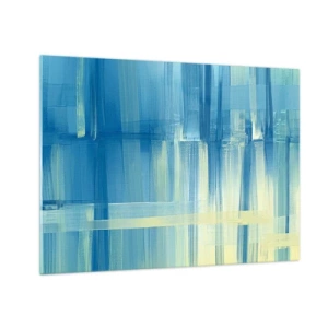 Obraz na szkle - Abstrakcyjne pociągnięcia pędzla w turkusie i żółci - 70x50cm - Kompozycja w turkusie - Nowoczesna dekoracja ścienna do salonu i sypialni ARTTOR
