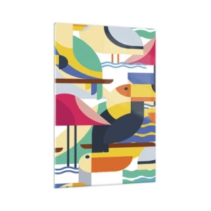Obraz na szkle - Kolorowe ptaki w abstrakcyjnej, geometrycznej kompozycji - 70x100cm - Ptasie party - Nowoczesna dekoracja ścienna do salonu i sypialni ARTTOR