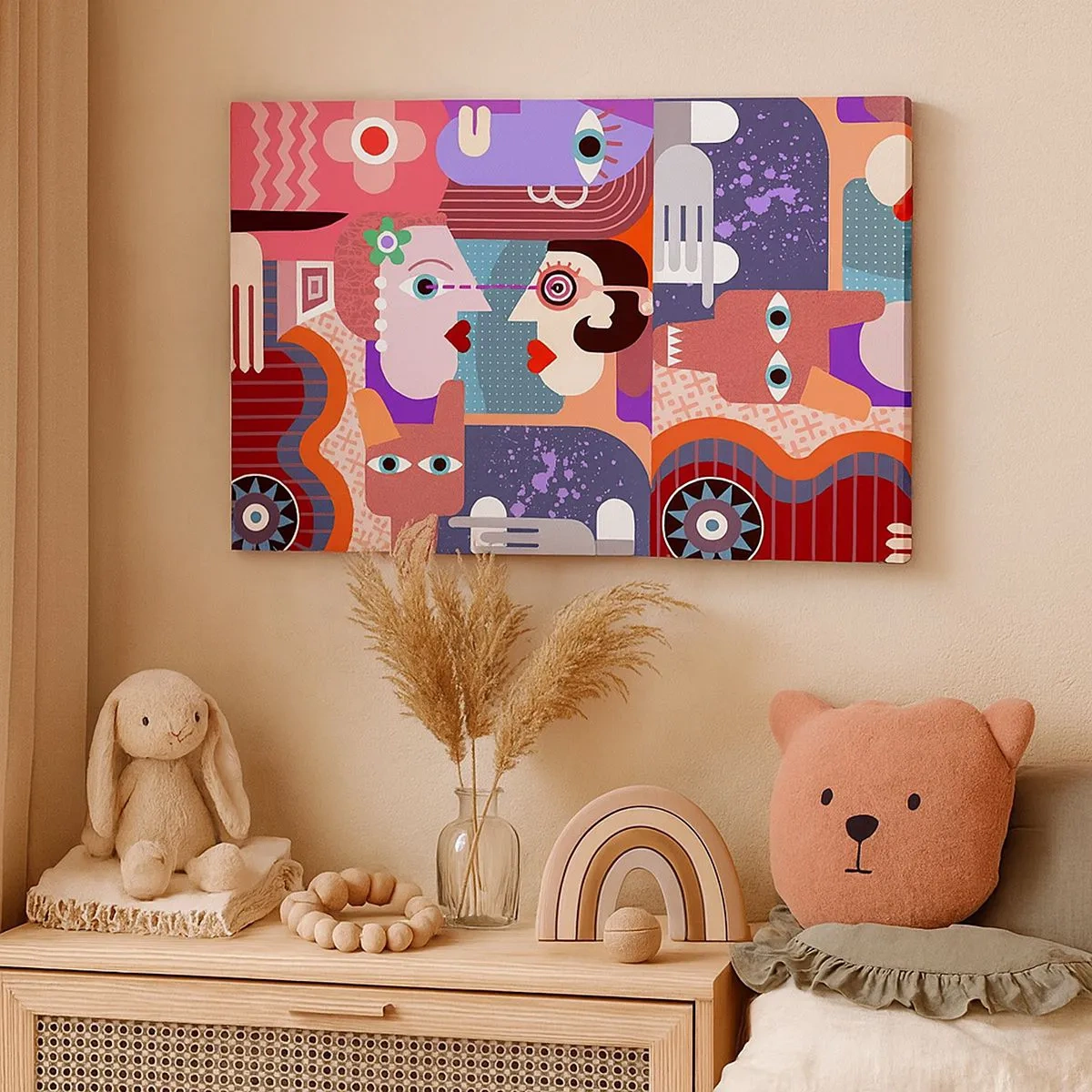 Obraz na płótnie - Abstrakcyjne postacie w żywych kolorach - 70x50cm - Oko w oko - Nowoczesna dekoracja ścienna do salonu i sypialni ARTTOR