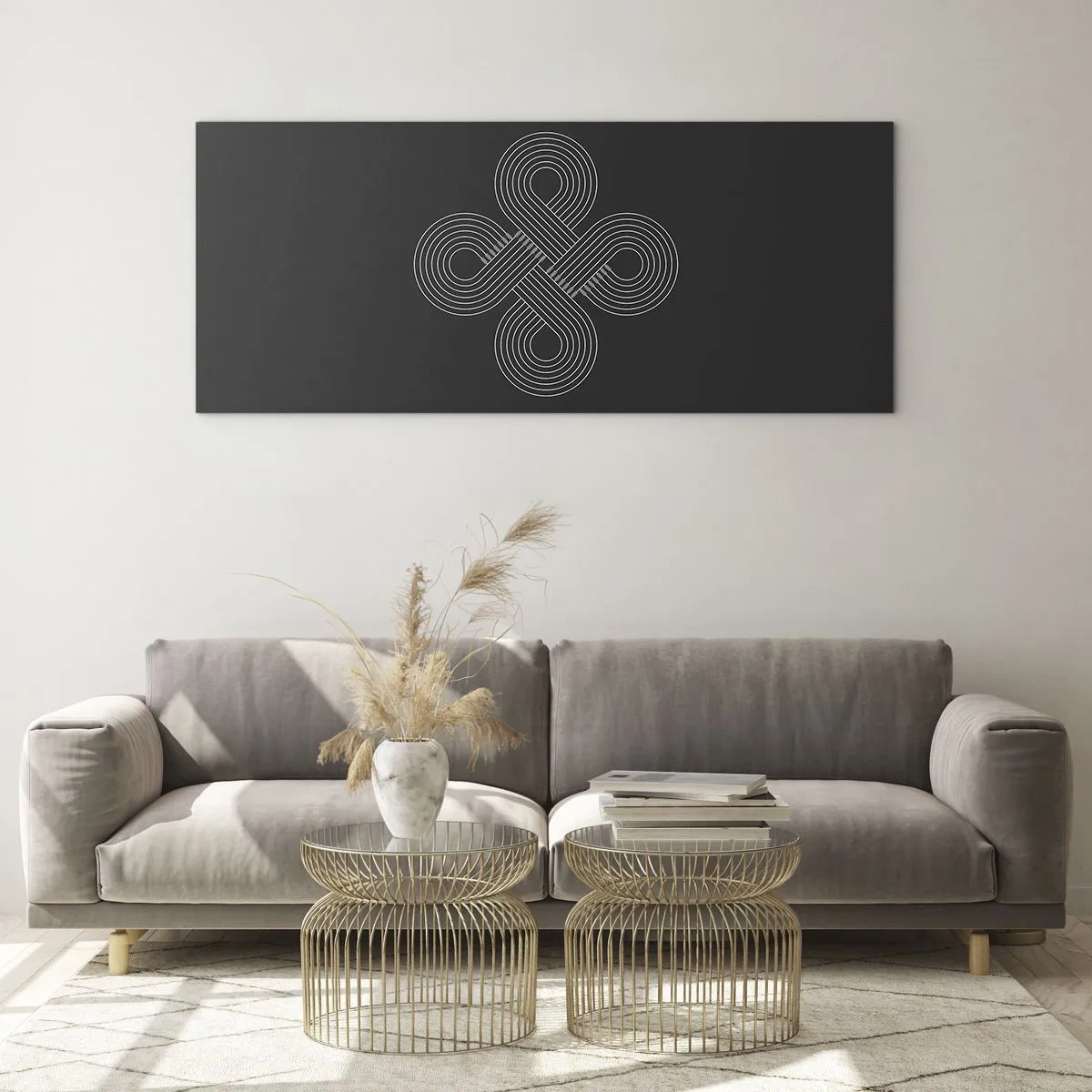 Obraz na szkle - Celtycki wzór w minimalistycznym stylu na czarnym tle - 120x50cm - W duchu celtyckim - Nowoczesna dekoracja ścienna do salonu i sypialni ARTTOR