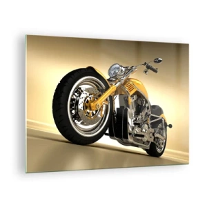 Obraz na szkle - Złoty motocykl w stylu custom na tle jasnym - 70x50cm - Marzenie o sile i prędkości - Nowoczesna dekoracja ścienna do salonu i sypialni ARTTOR