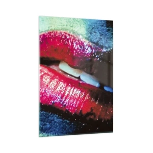 Obraz na szkle - Zbliżenie kolorowych, błyszczących ust na artystycznym tle - 80x120cm - Zmysłowe i niepokojące - Nowoczesna dekoracja ścienna do salonu i sypialni ARTTOR