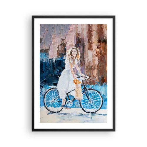 Plakat w czarnej ramie - Impresjonistyczna scena z rowerzystką - 50x70cm - Radość o poranku - Nowoczesna dekoracja ścienna do salonu i sypialni ARTTOR