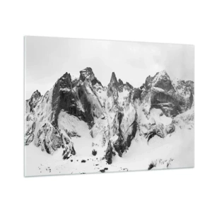 Obraz na szkle - Czarno-białe ośnieżone górskie szczyty - 100x70cm - Granitowa groźna grań - Nowoczesna dekoracja ścienna do salonu, kuchni i sypialni ARTTOR